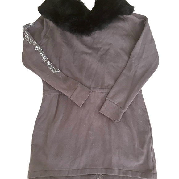 BCBGMAXAZRIA  Y2K  Gray Long Hooded Sweatshirt Full  Zip Bedazzled  Faux Fur XL - Picture 7 of 14